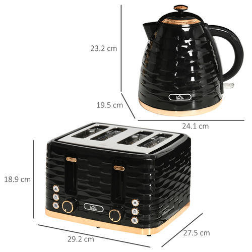 HOMCOM Kettle and Toaster Sets, 3000W 1.7L Rapid Boil Kettle & 4 Slice Toaster with 7 Browning Controls, Defrost, Reheat and Crumb Tray, UK Otter thermostat, Black