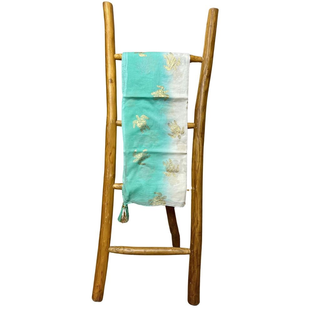 Nomad Sari Pareo – White & Turquoise with Gold Turtle Print