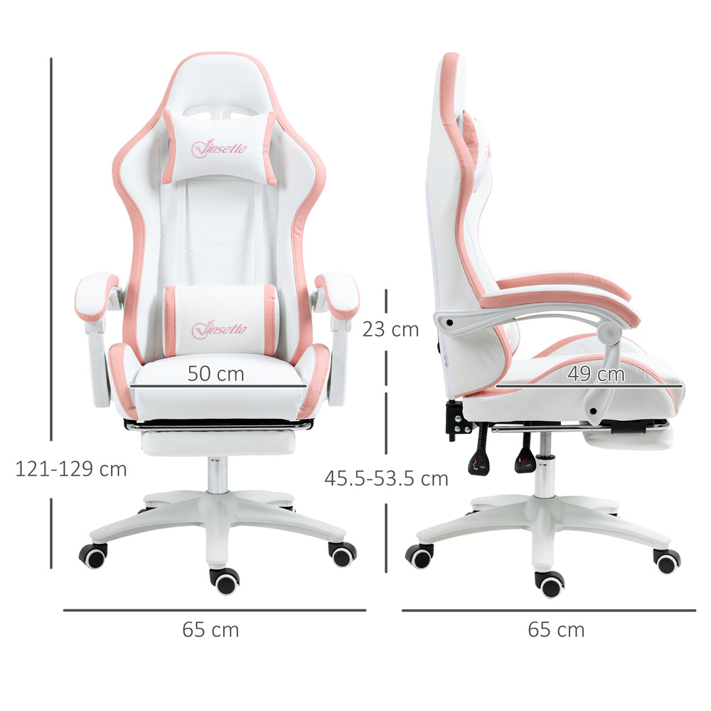 Vinsetto Computer Gaming Chair, PU Leather Office Desk Chair with Footrest, Swivel Wheels, 135° Reclining Back, Lumbar Support, Headrest for Home, White and Pink