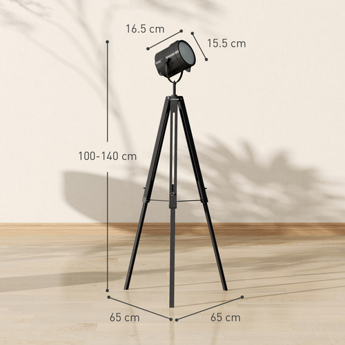 HOMCOM Industrial Tripod Floor Lamp, Nautical Searchlight with Adjustable Height, Wood Legs, E14 Lamp Base for Living Room, Bedroom, Black
