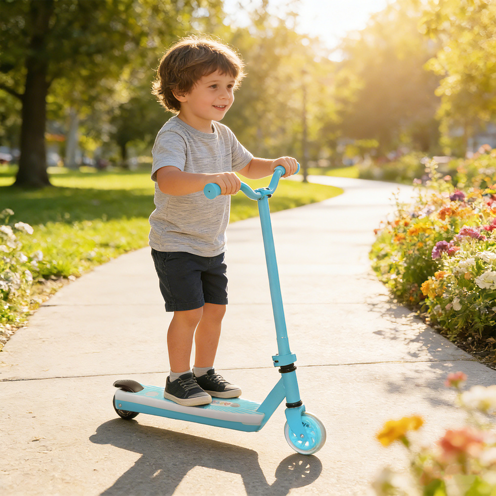 AIYAPLAY Electric Scooter for Kids Aged 4-7 Years, with Flashing LED Lights, Rear Auxiliary Wheels, Blue