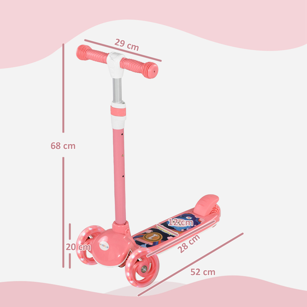 AIYAPLAY Kids 3 Wheel Scooter for 2-6 Years Old w/ Adjustable Height, LED Light, TPE Handlebar, Pink