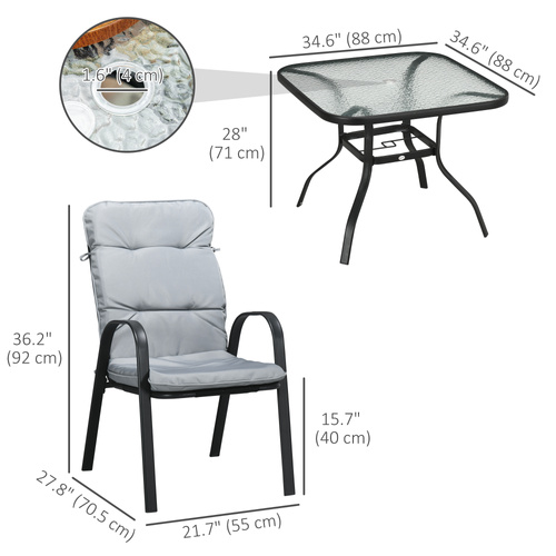 Outsunny 5 Pieces Outdoor Square Garden Dining Set w/ Tempered Glass Dining Table 4 Cushioned Armchairs, Umbrella Hole, Grey