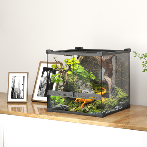 PawHut Reptile Glass Terrarium with Stone Background, Front Ventilation, Escape-Proof Knob Lock, 30 x 30 x 30 cm, Black