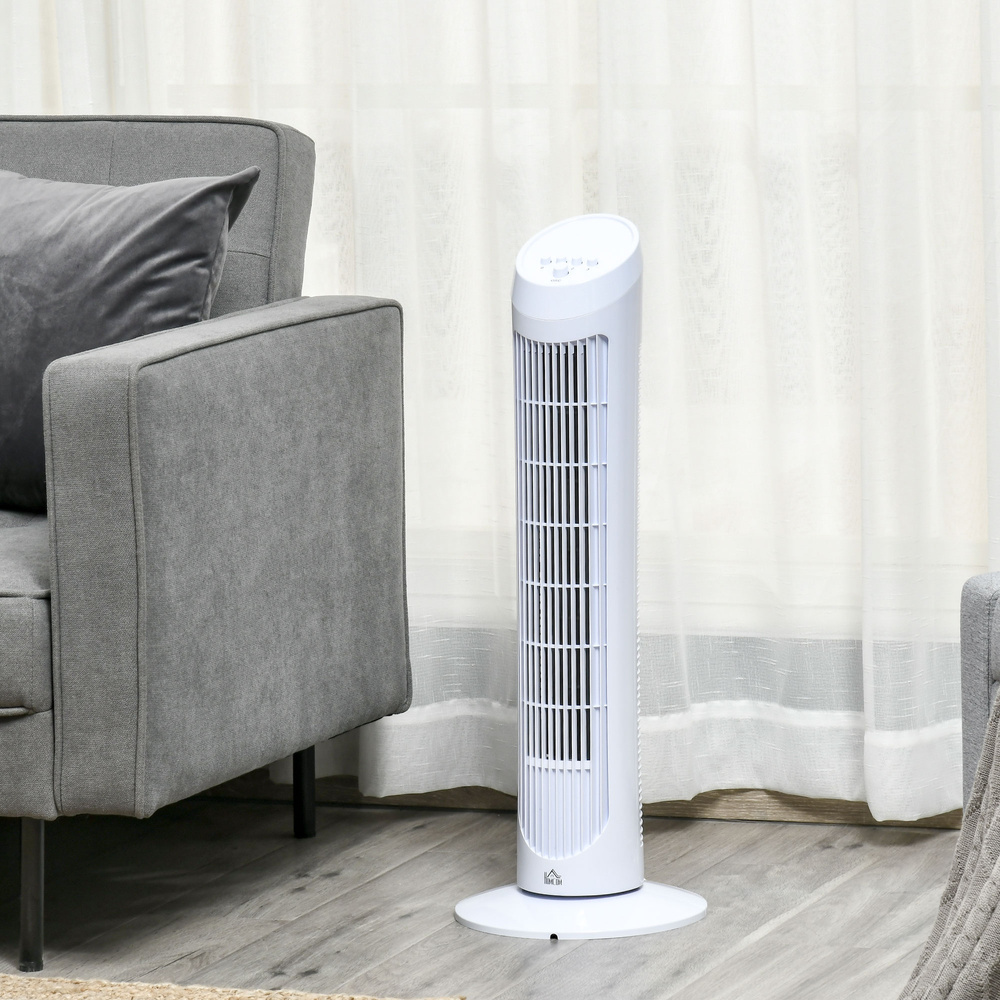 HOMCOM Tower Fan for Bedroom Cooling, 30 Inch Electric 70° Oscillating Fan with 3 Speed Settings, Standing Floor Fan for Home Office Indoor, White