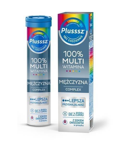 Plusssz 100% Multivitamin Male Complex for Stress and Well-Being Effervescent Tablets with Blackberry and Orange Flavor 20 Pieces