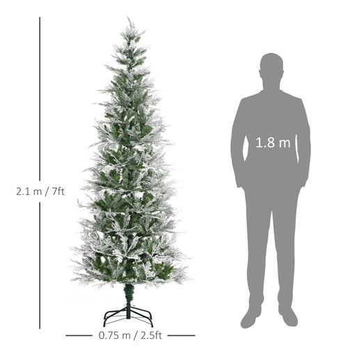HOMCOM 7 Ft Pencil Snow Flocked Artificial Christmas Tree with Realistic Cypress Branches, Auto Open, Green