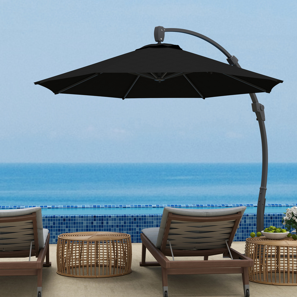 Outsunny 3(m) Garden Cantilever Parasol, Round Overhanging Umbrella with Crank Handle, Cross Base, Aluminium Frame and 360° Rotation, Banana Patio Umbrella for Outdoor Sun Shade, Black