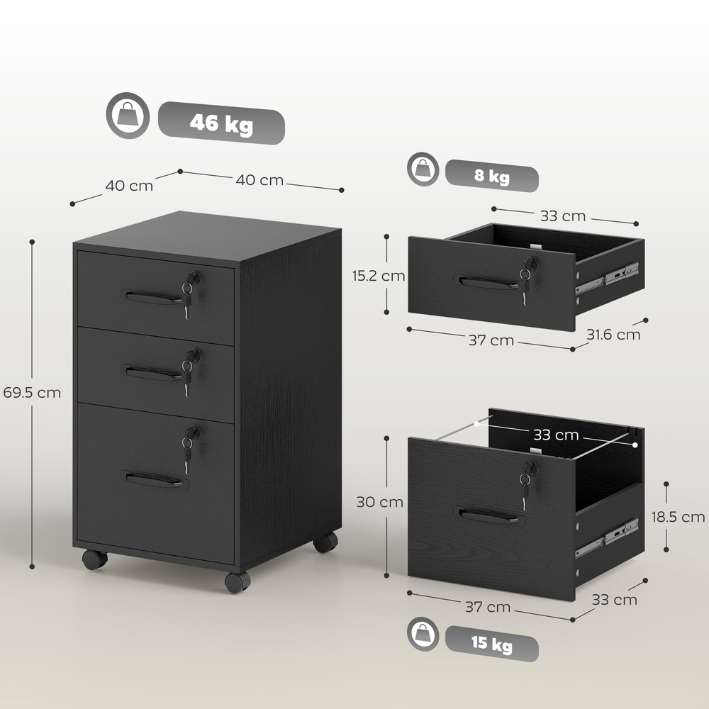 HOMCOM Three Drawer Wood-Effect Filing Cabinet - Black