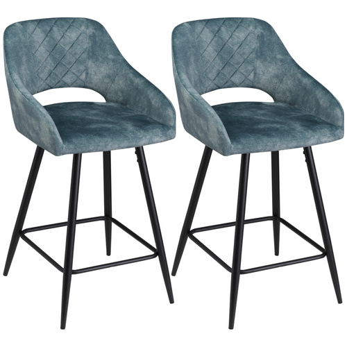 HOMCOM Bar Stools Set of 2, Velvet-Touch Fabric Counter Height Bar Chairs, Kitchen Stools with Steel Legs, Blue