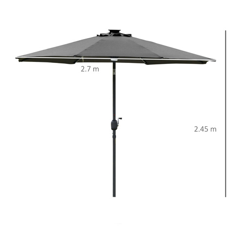 Outsunny 2.7m Garden Parasol Sun Umbrella w/ LED Solar Light Angled Canopy Grey