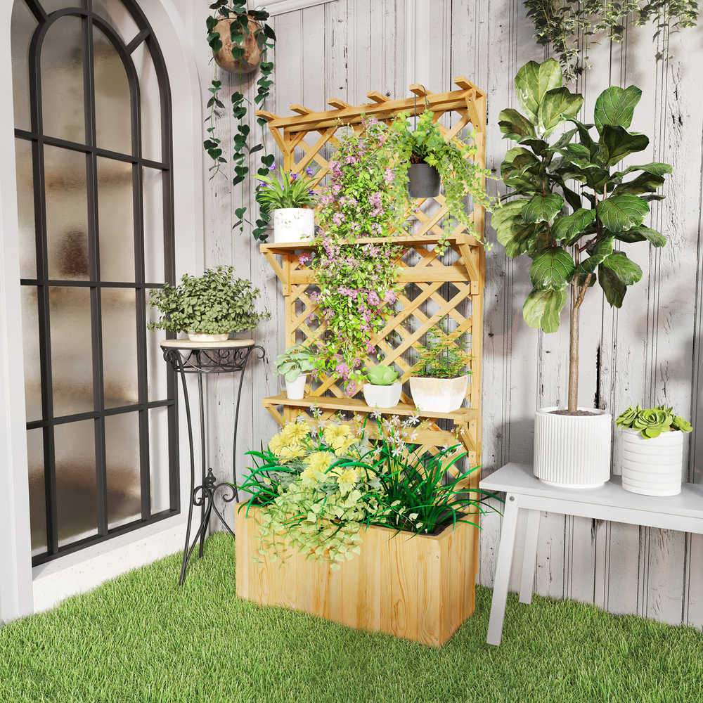 Outsunny 52L Wooden Planter, with Trellis and Shelves - Natural Finish