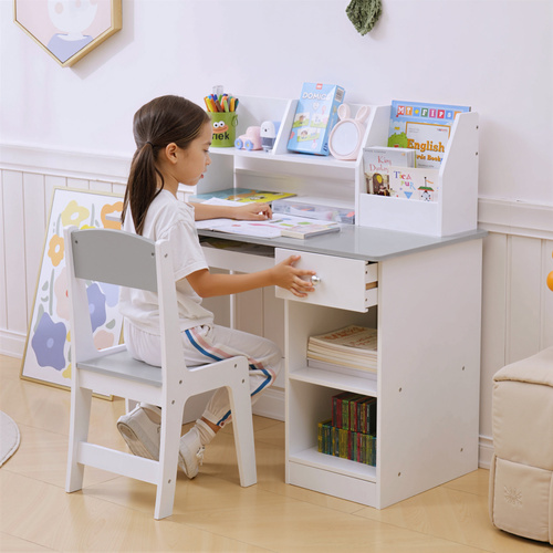 ZONEKIZ Two-Piece Kids Desk and Chair Set with Storage, for Ages 5-8 Years - Grey