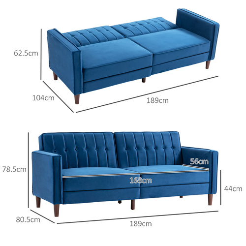 HOMCOM Velvet-Feel Three-Seater Sofa Bed  with Adjustable Split Back - Blue