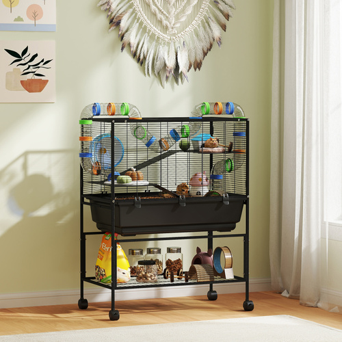 PawHut 3 Tier Large Hamster Cage on Wheels with 17 cm Deep Tray, Storage Shelf for Syrian, Gerbil, Rats