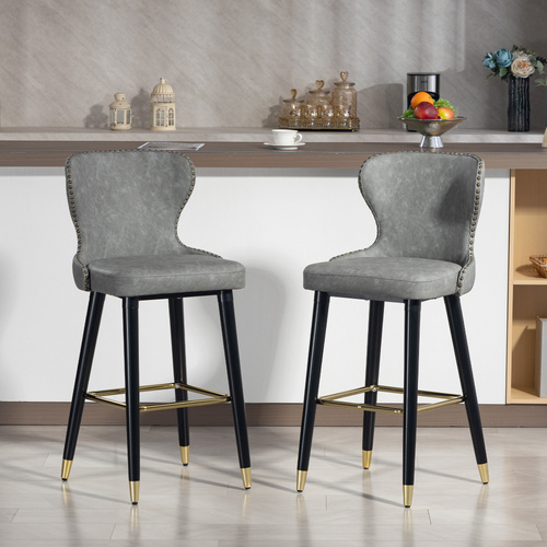 HOMCOM Bar Stools Set of 2, PU Leather Barstools with Back, Footrest and Wood Legs for Kitchen, Counter, Breakfast Bar, Grey