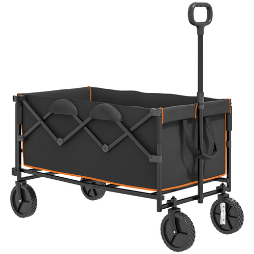 Outsunny 160L Festival Trolley on Wheels, Folding Camping Trolley Cart w/ Tailgate, 100kg Heavy Duty Garden Collapsible Folding Wagon w/Adjustable Handle, Carry Bag for Beach Picnic, Black and Orange