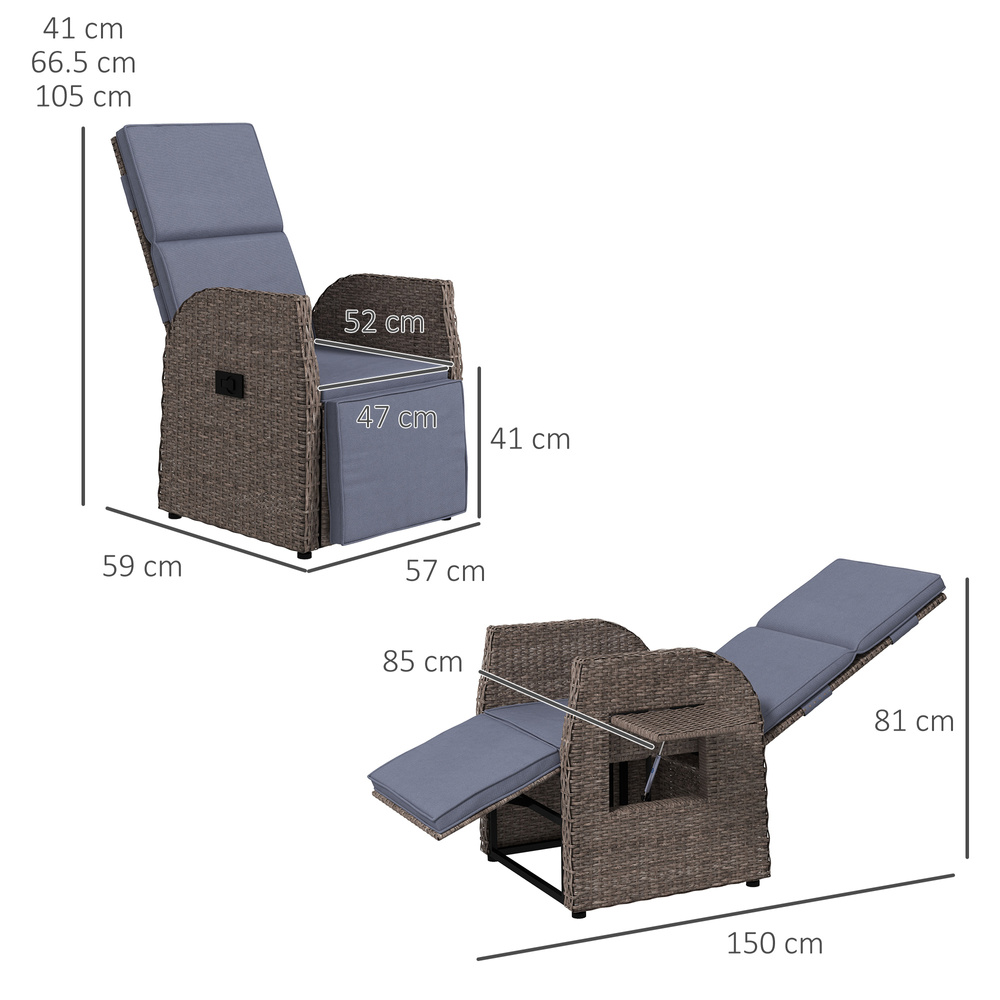 Outsunny 148° Reclining Rattan Garden Armchair, with Footrest - Brown/Grey