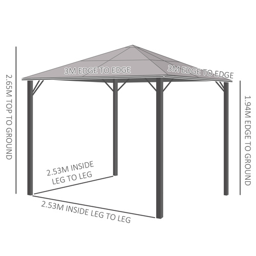 Outsunny 3m x 3m Hardtop Metal Frame Gazebo with 4 curtains, 100 kg Snow Load Capacity, Black