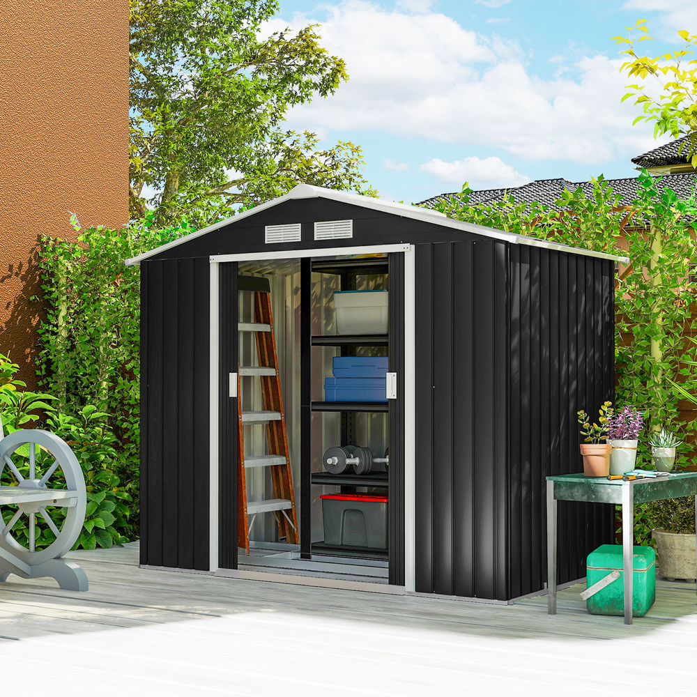 Outsunny 7 x 4ft Weatherproof Shed, Outdoor Bike Storage Shed with Ventilation Slots, Foundation Kit and Lockable Double Doors, Dark Grey