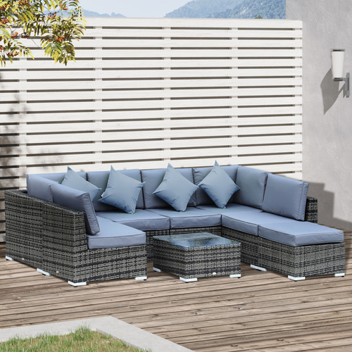 Outsunny 8 Piece Rattan Corner Sofa Set with Wide & Deep Seat, Assembled Aluminium PE Rattan Garden Furniture Set with Thick Cushions and Glass Top Table for Outdoor, Conservatory, Grey