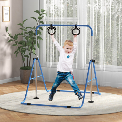 HOMCOM Adjustable Height, Foldable Kids Gymnastics Bar w/ Non-slip Rubber Floor Rings, for 3+ Years, Blue