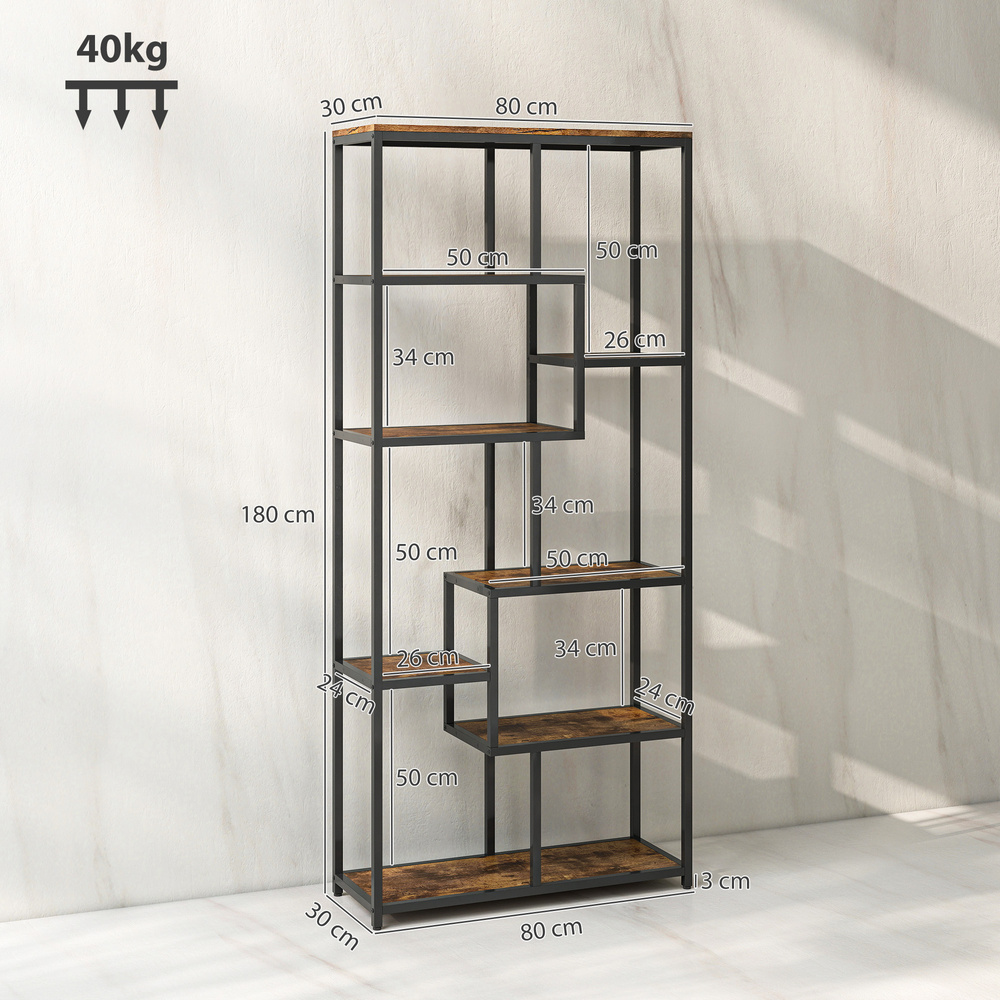 HOMCOM Seven-Tier Geometric Bookcase - Brown/Black