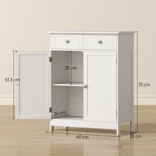 kleankin 75x60cm Freestanding Bathroom Storage Cabinet Unit w/ 2 Drawers Cupboard Adjustable Shelf Metal Handles Traditional Style White