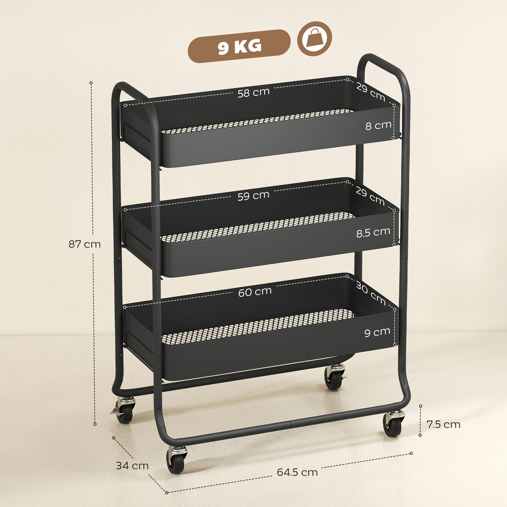 HOMCOM 3-Tier Storage Trolley on Wheels, Rolling Utility Cart with Mesh Backets for Kitchen, Bathroom, Bedroom, Black