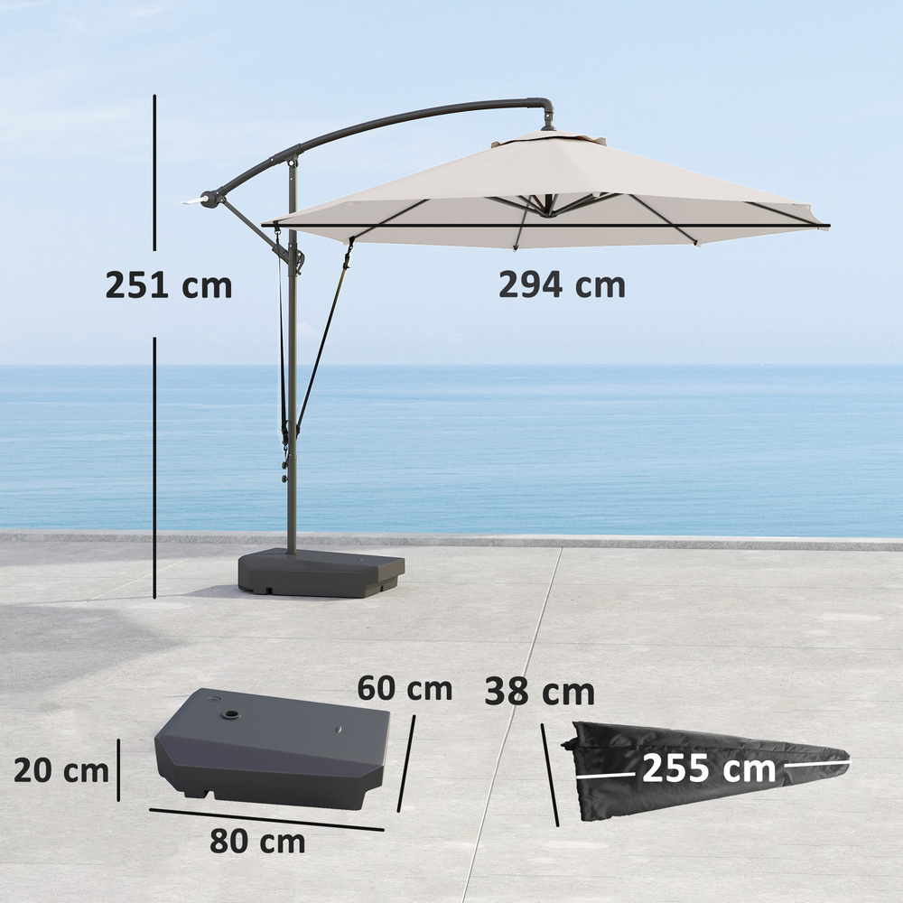 Outsunny 3(m) Garden Cantilever Parasol with Fillable Base up to 90kg, Wind Protection Strap, Cover, Round Banana Hanging Umbrella with Crank Handle and Tilt, UPF50+ Patio Umbrella, Cream