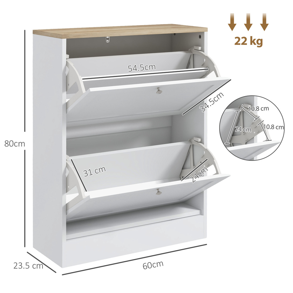 HOMCOM Two Flip Drawer Shoe Cabinet - White