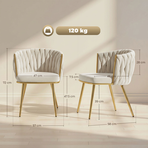 HOMCOM Velvet-Feel Dining Chairs Set of 2, Modern Upholstered Kitchen Chairs with Woven Backrest and Armrests, Metal Legs and Padded Seat for Dining Room, Bedroom, Living Room, Cream