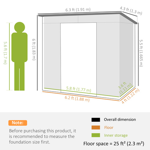 Outsunny 4 x 6ft Galvanised Metal Garden Shed, with Locking Door - Grey