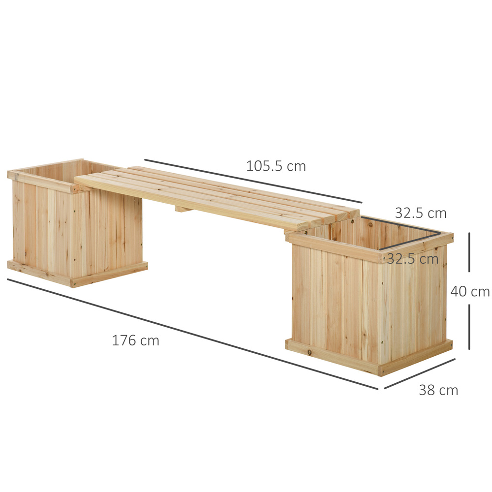 Outsunny 37L Wooden Garden Planter & Bench Combination Garden Raised Bed Patio Park Natural 176 x 38 x 40 cm