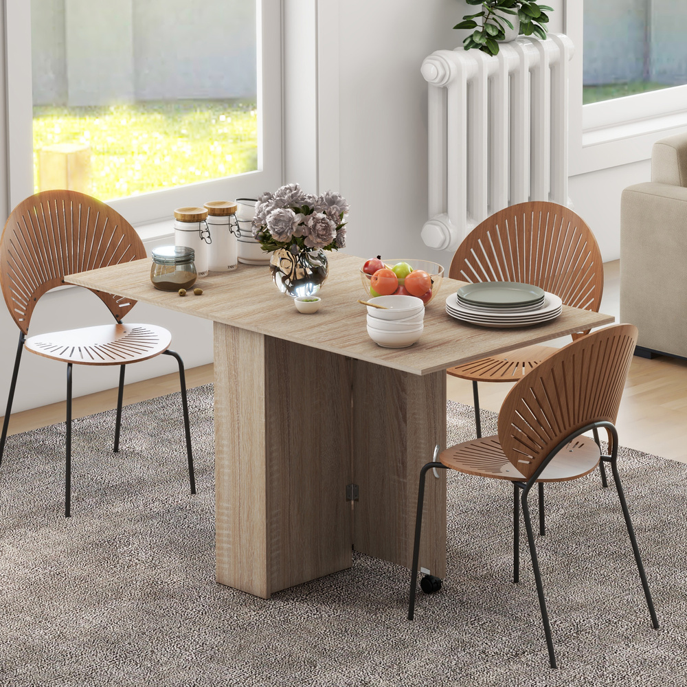 HOMCOM 80-140 cm Folding Dining Table for 4-6 People, Drop Leaf Table with 2-Tier Shelves, Rolling Casters, for Small Spaces, Kitchen, Flat, Dining Room, Natural