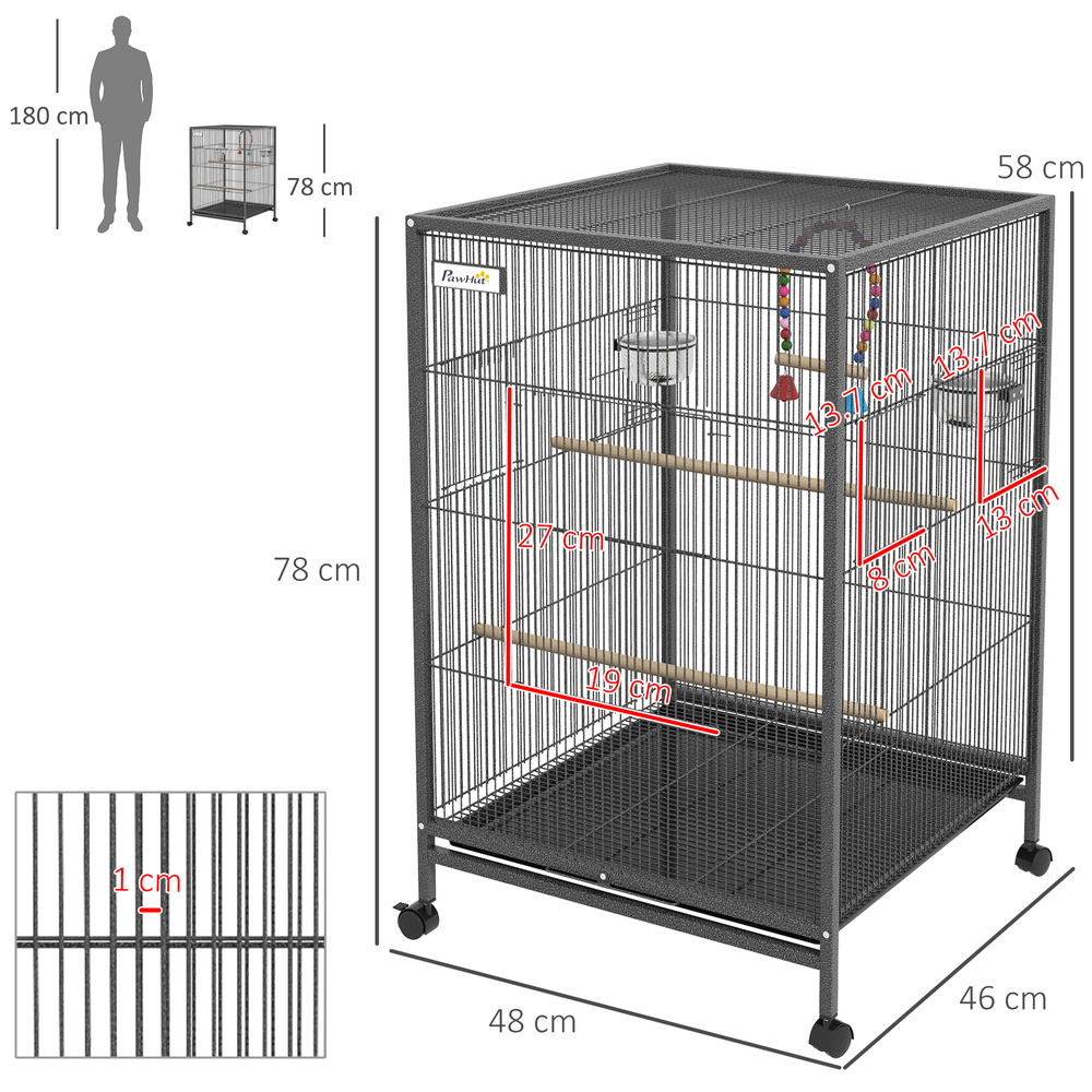 PawHut Bird Cage, Budgie Cage, with Rolling Stand, for Small Birds - Grey