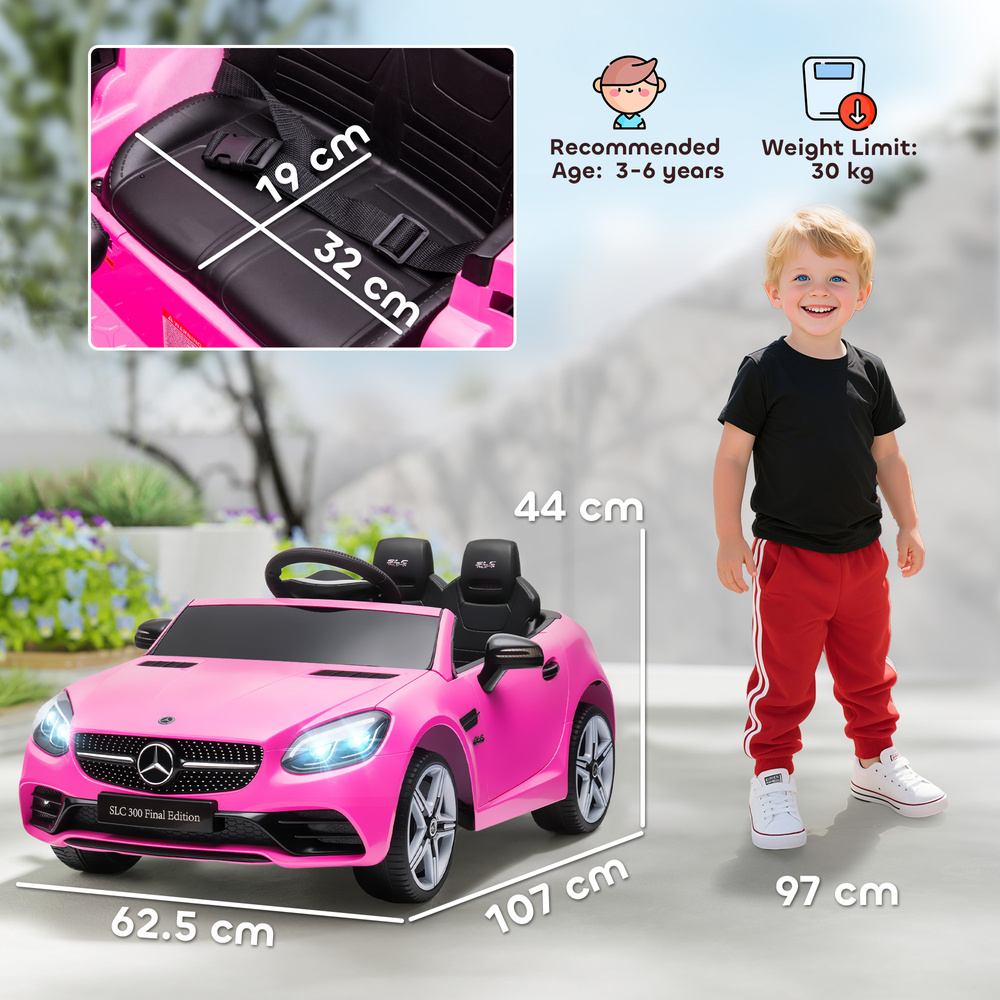 HOMCOM Benz SLC 300 Licensed 12V Kids Electric Ride On, with Music, Remote Control, LED Headlights, Horn, Pink