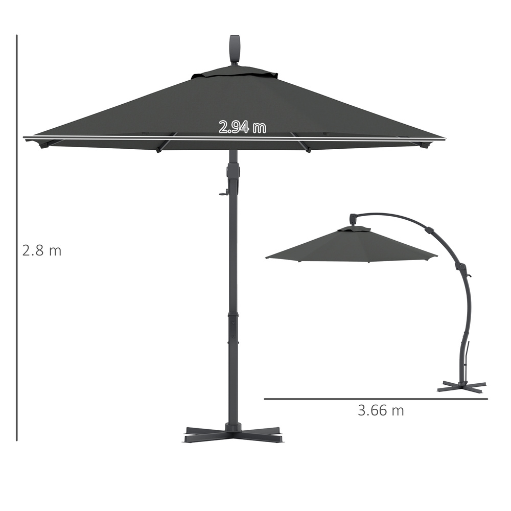 Outsunny 3(m) Garden Cantilever Parasol, Round Overhanging Umbrella with Crank Handle, Cross Base, Aluminium Frame and 360° Rotation, Banana Patio Umbrella for Outdoor Sun Shade, Grey