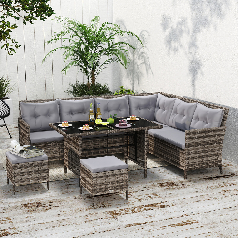 Outsunny 8 Seater Patio wicker Sofa Set ,Outdoor Couch with Table & Cushions, Grey