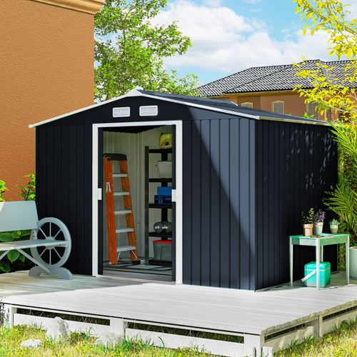 Outsunny 9 x 6ft Metal Bicycle Shed, Outdoor Storage Tool House with Ventilation Slots, Foundation Kit and Lockable Double Doors, Dark Grey