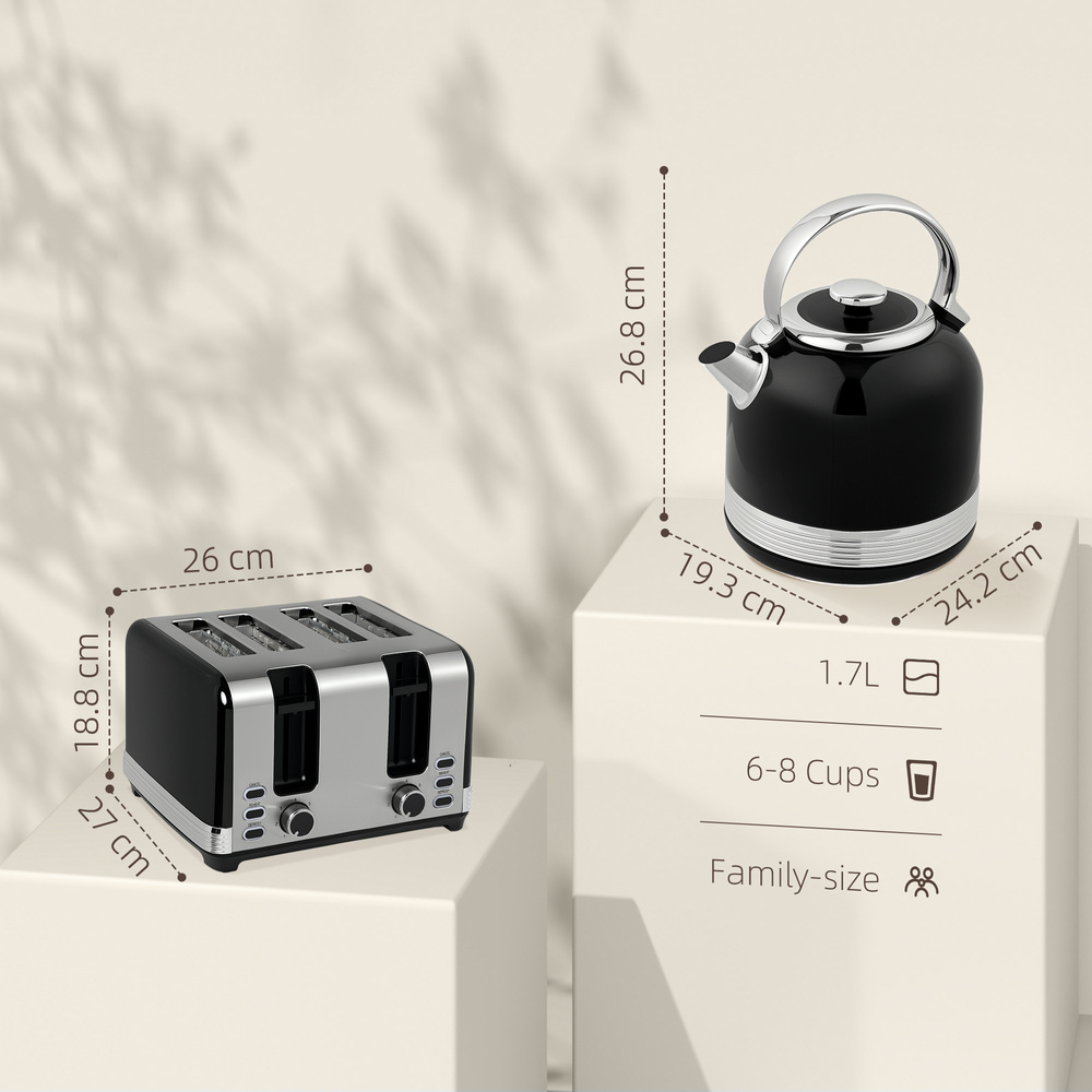 HOMCOM Polished Stainless Steel Kettle and Toaster Set - Black