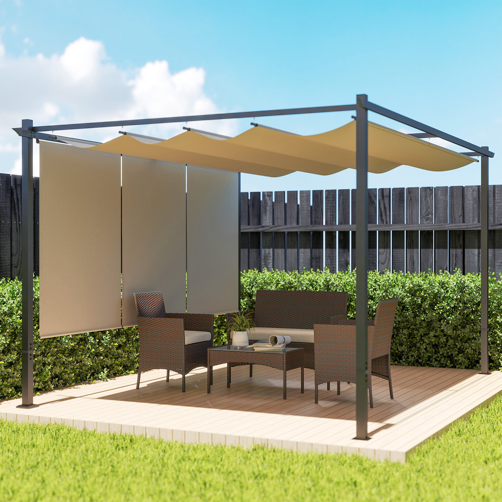 Outsunny 3 x 4m Metal Pergola with Retractable Roof and Roller Shade, Free Standing Gazebo Canopy Pergola Kit, UPF30+ Outdoor Sun Shelter, Beige