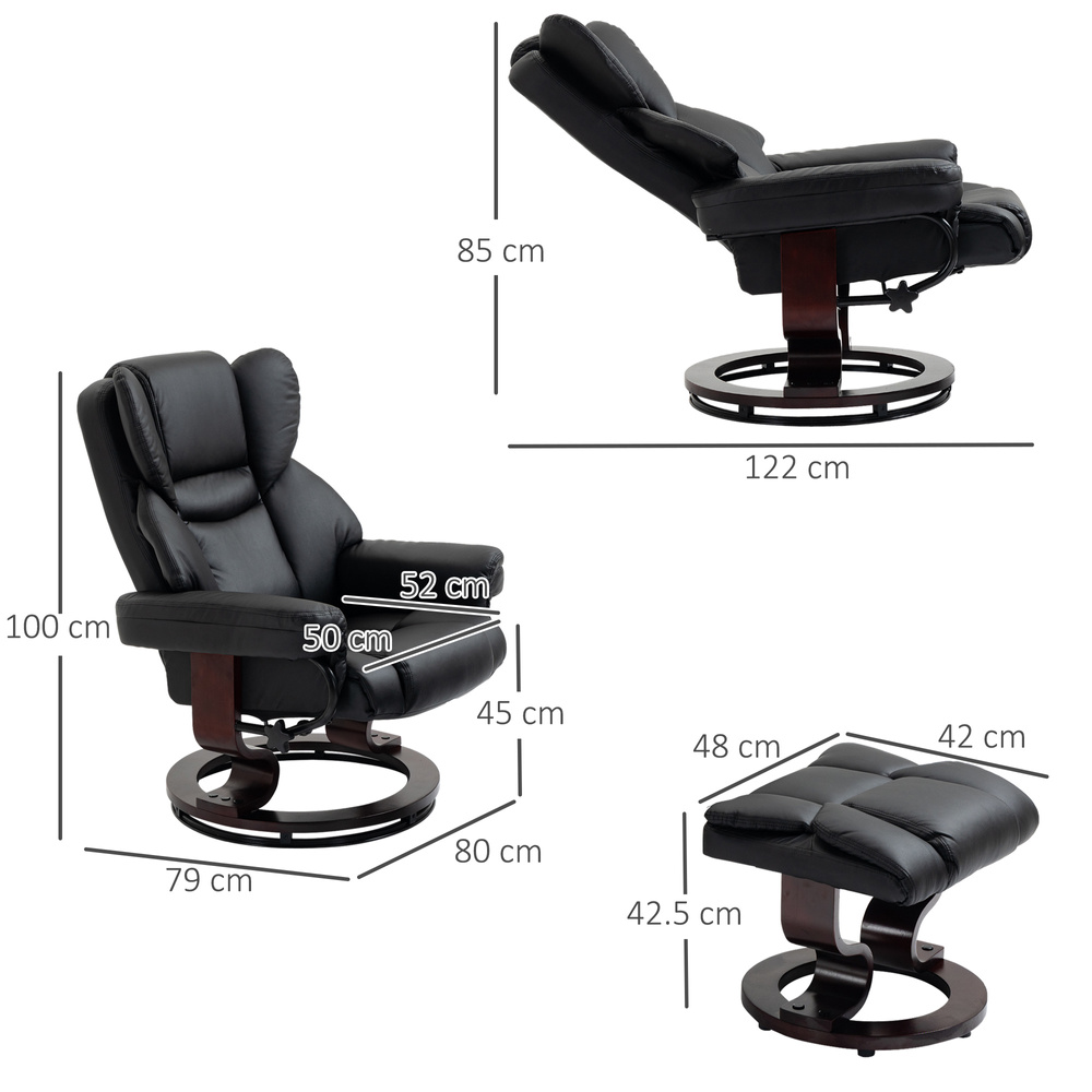 HOMCOM 360° Swivel Recliner Chair with Footstool, PU Leather Manual Recliner Armchair with Footstool, Solid Wood Base, Upholstered Reclining Chair for Living Room, Bedroom, Office, Black