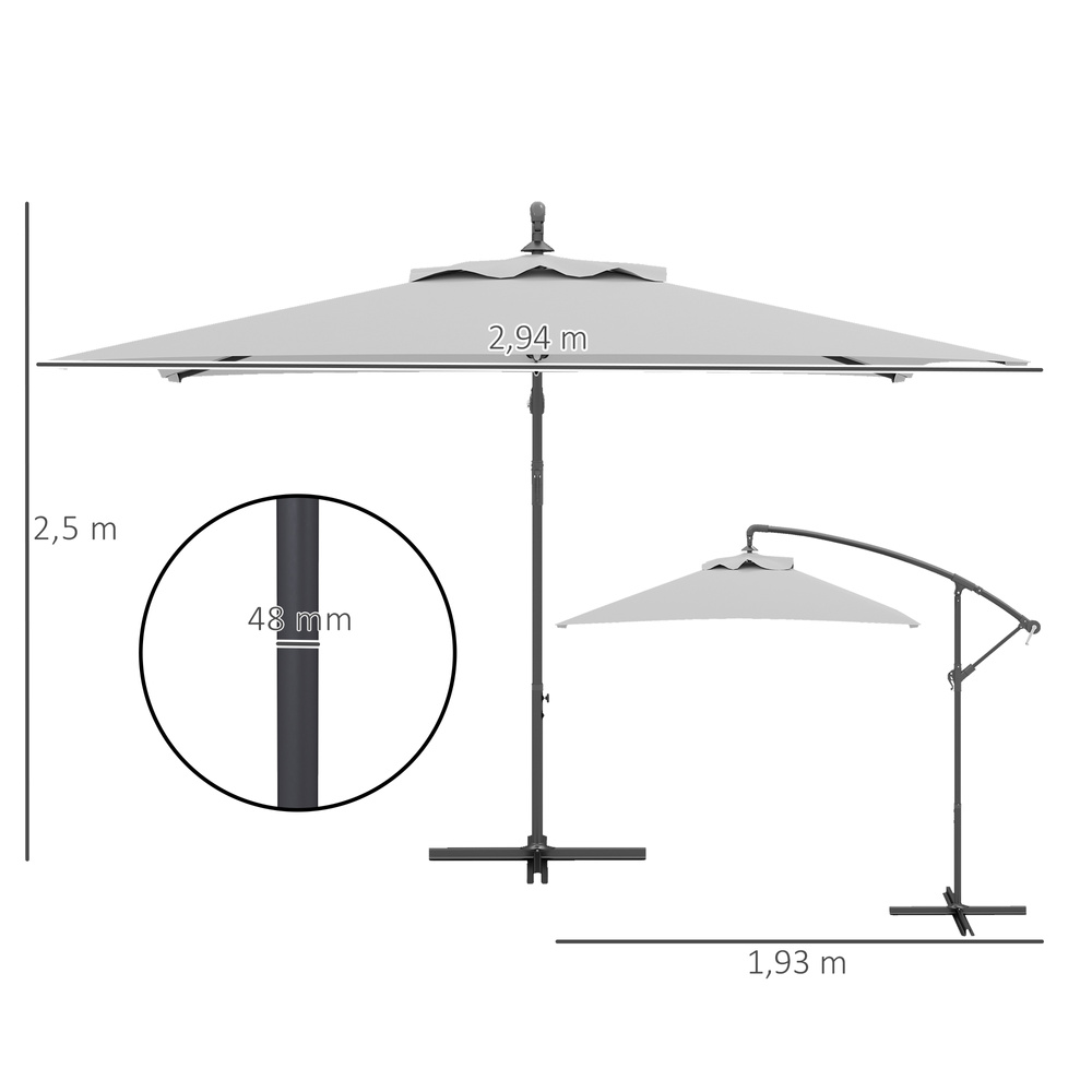 Outsunny 3(m) Cantilever Overhanging Parasol, with Cross Base - Light Grey