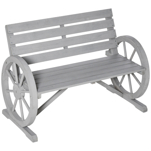 Outsunny Wooden Cart Wagon Wheel 2 Seater Garden Bench Outdoor Garden Armrest Chair Rustic High Back Loveseat Grey