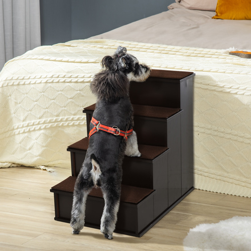 PawHut 4 Step Dog Steps for Bed, Wooden Dog Steps for Sofa, Pet Stairs for Bed Couch with Non-Slip Carpet for Cats and Puppies, 40 x 59 x 54.2 cm, Dark brown