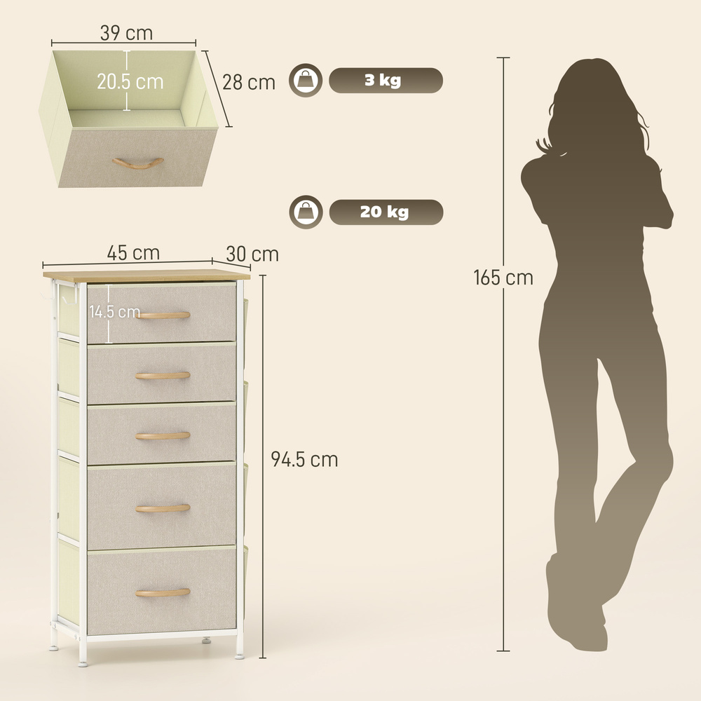 HOMCOM Chest of Five Fabric Drawers - Beige