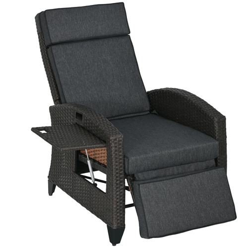 Outsunny Outdoor Recliner Chair with Adjustable Backrest and Footrest, Cushion, Side Tray, Dark Grey/Brown