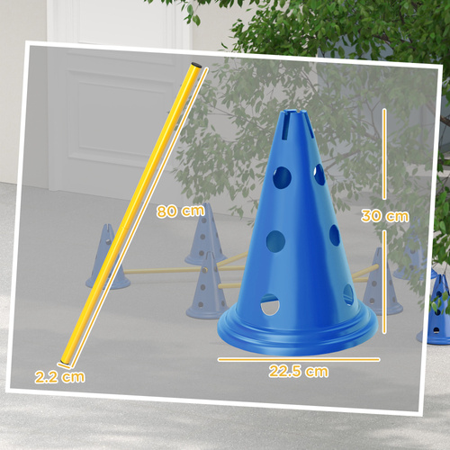 PawHut Dog Agility Equipment Set of Eight Cones, Eight Poles w/ Carry Bag, Four-Piece Adjustable Height Jumping Obstacles Blue