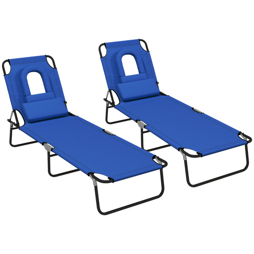 Outsunny Folding Sun Loungers Set of 2 with Face Hole, 4-Position Adjustable Backrest Garden Recliner Chairs Sunbeds, Outdoor Lounge Chairs with 600 D Oxford Cloth Seat, Pillow for Beach, Blue
